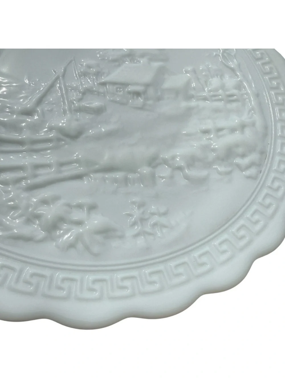 Vintage Milk Glass Scenic Cottage Relief Serving Platter Greek Key Oval Plate